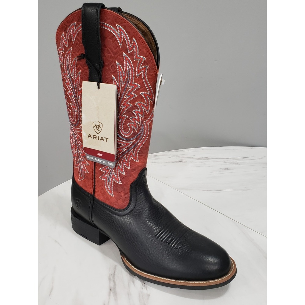 NEW SIZE 8 Ariat Round Up Wide Toe StretchFit 12" Western Boot Black Red Cowboy